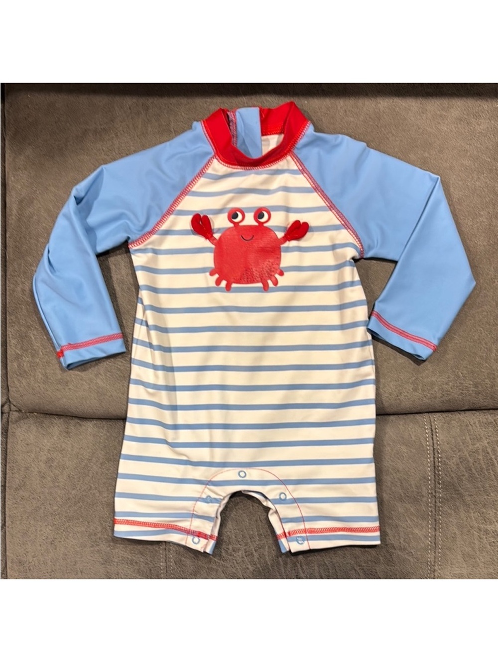 Little Me Blue & Red Crab Stripe Rashguard Swimsuit